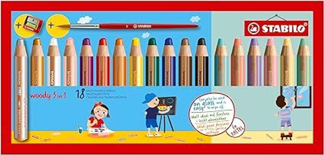 STABILO Crayon de couleur woody 3in1 - Etui carton x 18 crayons de coloriage + 1 taille crayon + 1 pinceau rond